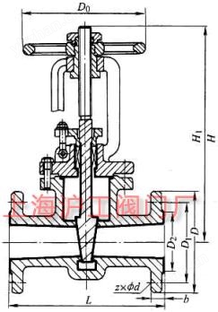 Z41F46 型 PN16、PN25 氟塑料衬里楔式闸阀主要外形及结构尺寸示意图